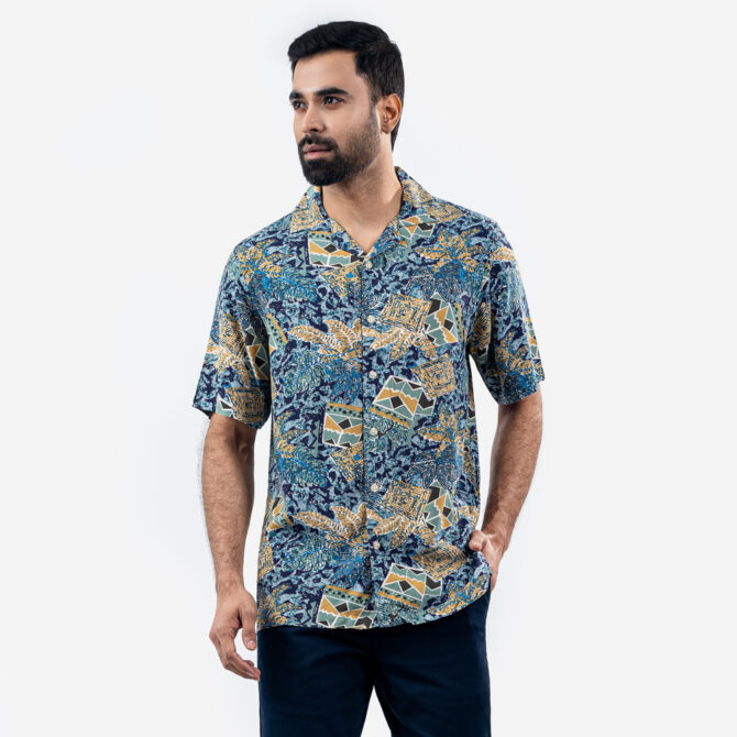 Men’s Navy Floral Printed Half Sleeve Hawaiian Shirt
