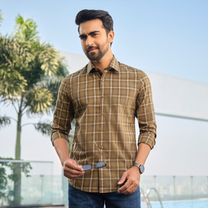 Richman Men’s Dark Olive Color Full Sleeve Check Shirt