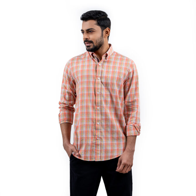 Men’s Dark Orange Color Texture Ultra Slim Fit Casual Shirt