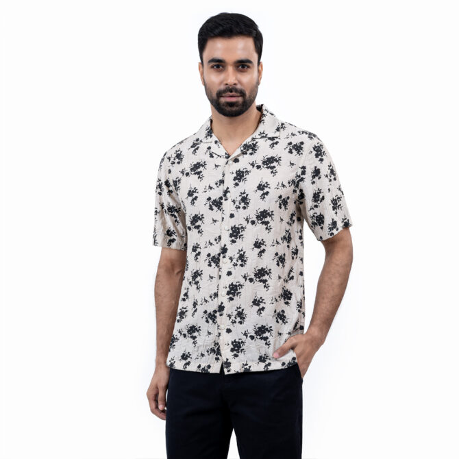 Richman Beige Color Floral Printed Half Sleeve Hawaiian Shirt