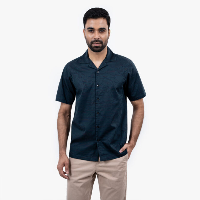 Men's Dark Peacock Green Color Half Sleeve Hawaiian Shirt