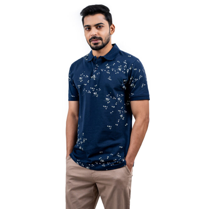 Richman Navy Color Printed Half Sleeve Polo Shirt