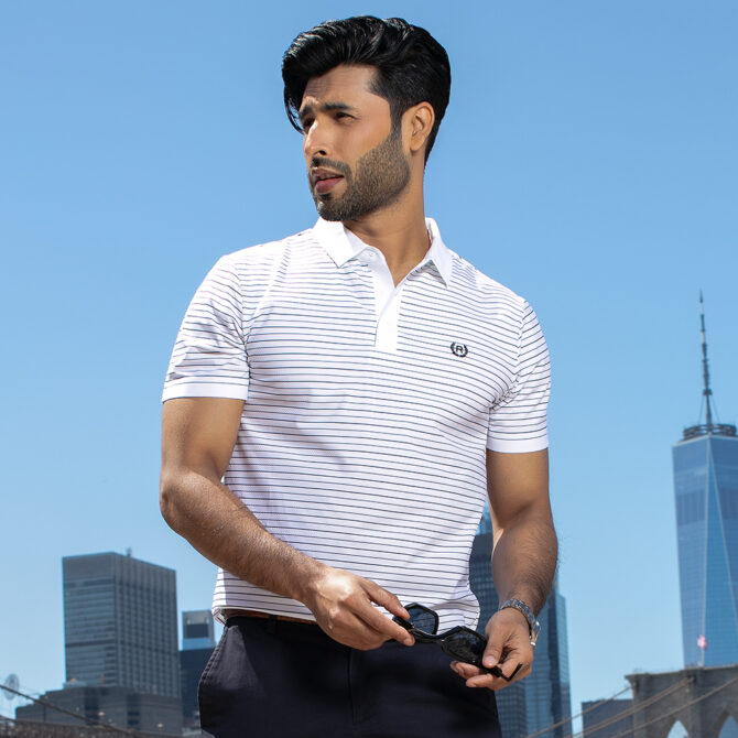 Richman White Color Stripe Half Sleeve Polo Shirt