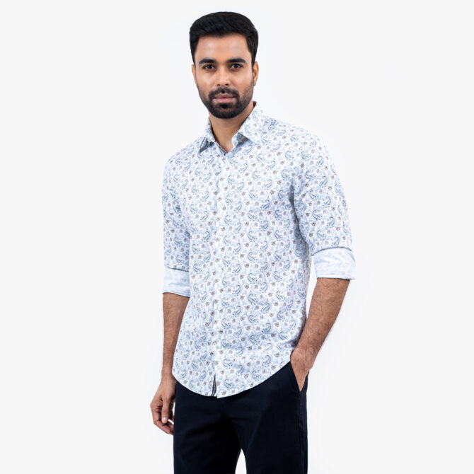Men's Off White Color Floral Printed Ultra Slim Fit Casual Shirt