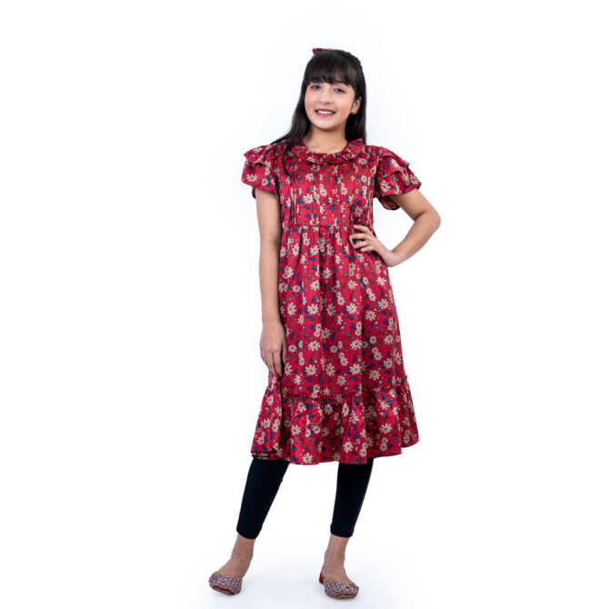 iNFINITY Girls Red Color Stylish Floral Frock