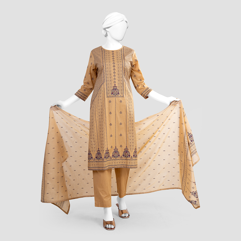 Luxury Festive Lite Biscuit Color Printed 3 Piece by MUSLIN