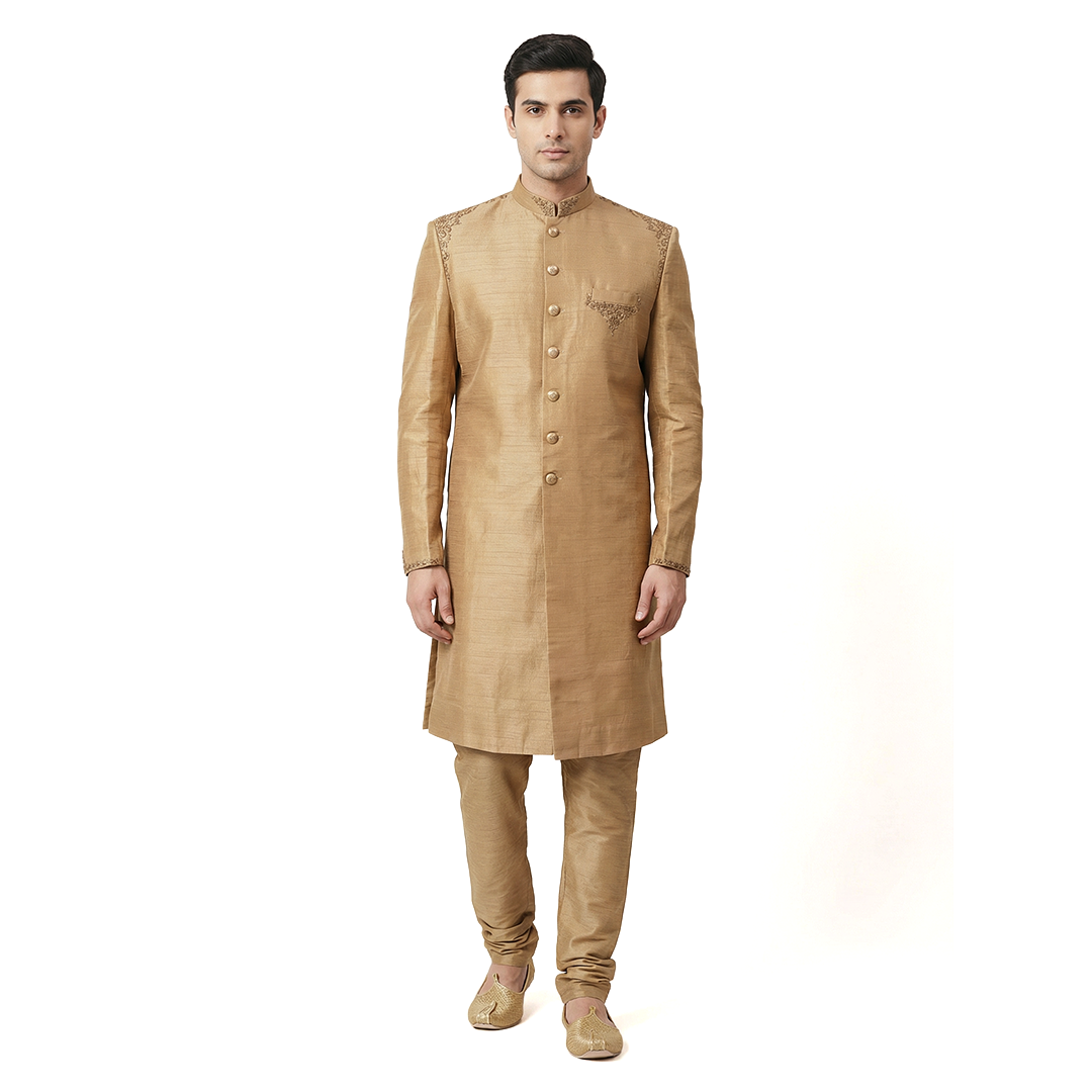 Lubnan Men’s Golden Color Premium Bridal Sherwani with Pajama