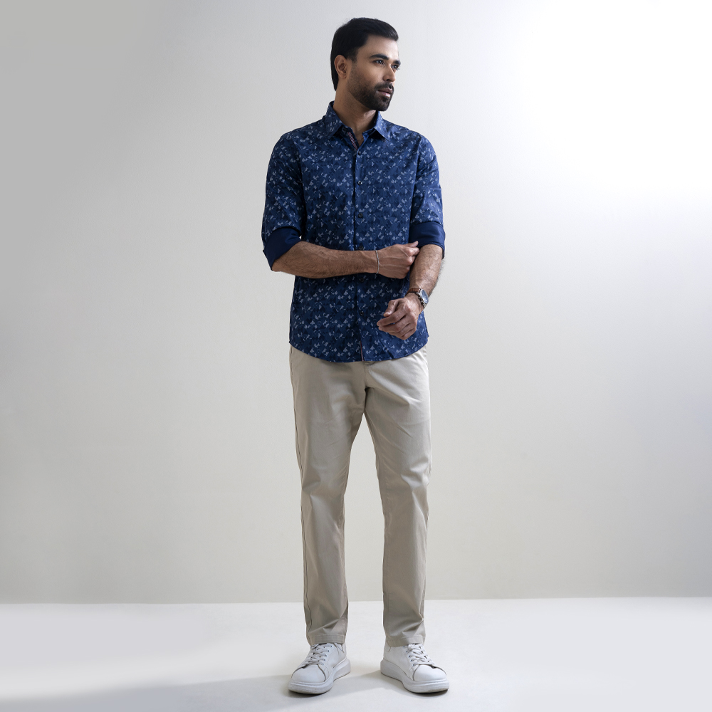 Richman Navy Blue Color Slim Fit Printed Full Sleeve Shirt