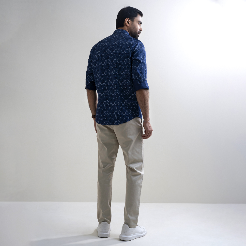 Richman Navy Blue Color Slim Fit Printed Full Sleeve Shirt