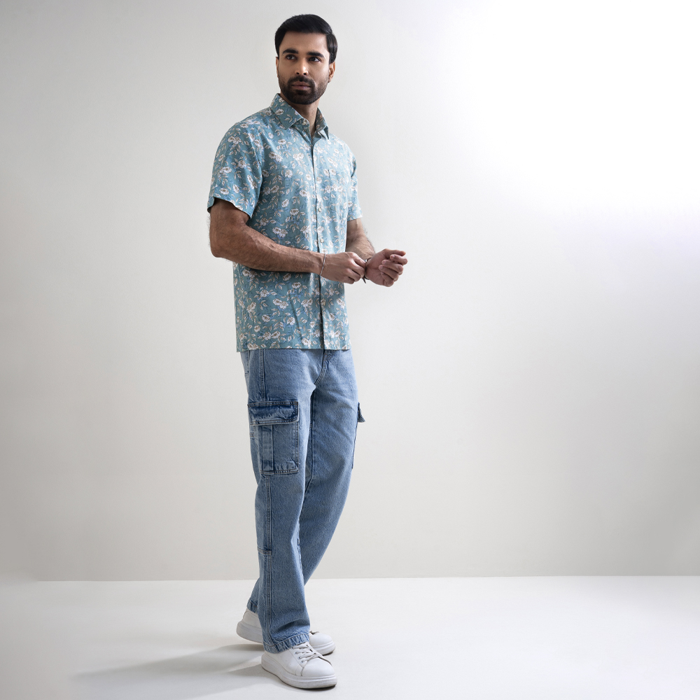 Richman Men’s Light Green Half Sleeve Printed Hawai Shirt