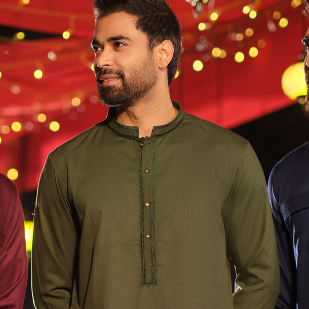 LUBNAN Men's Slim Fit Forest Green color Kabli Set