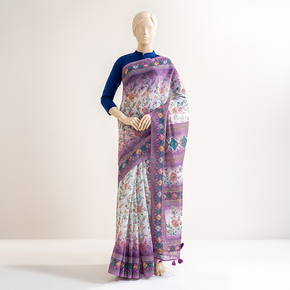 Regal Purple Bloom Half Silk Saree in White Harmony by MUSLIN