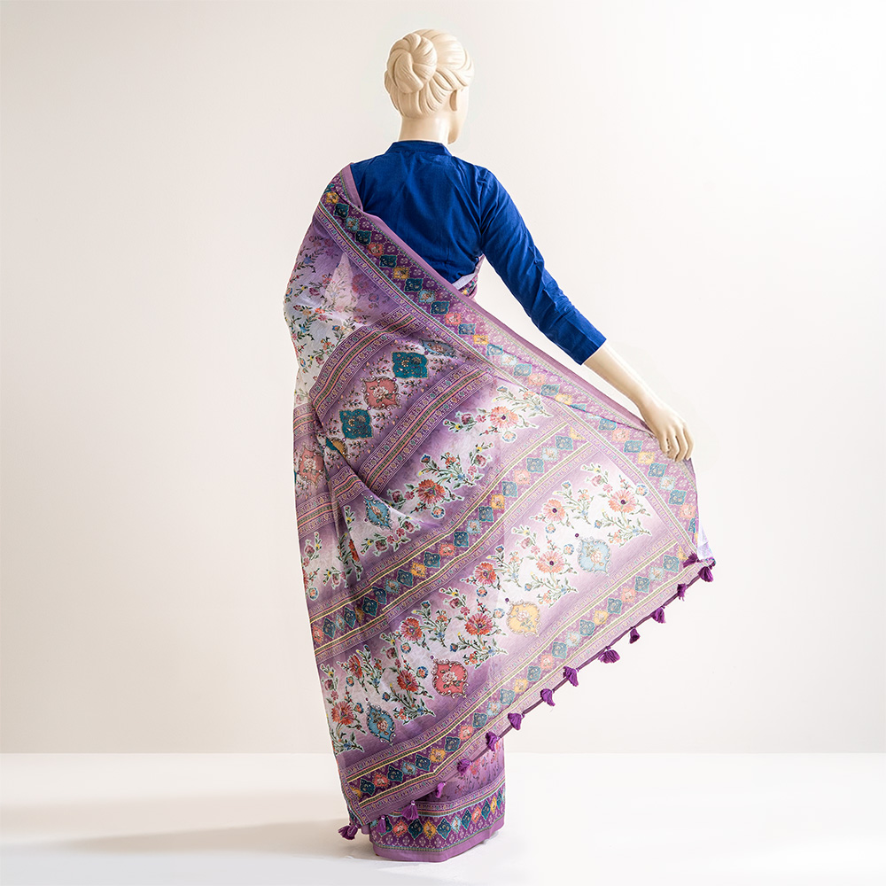Regal Purple Bloom Half Silk Saree in White Harmony by MUSLIN
