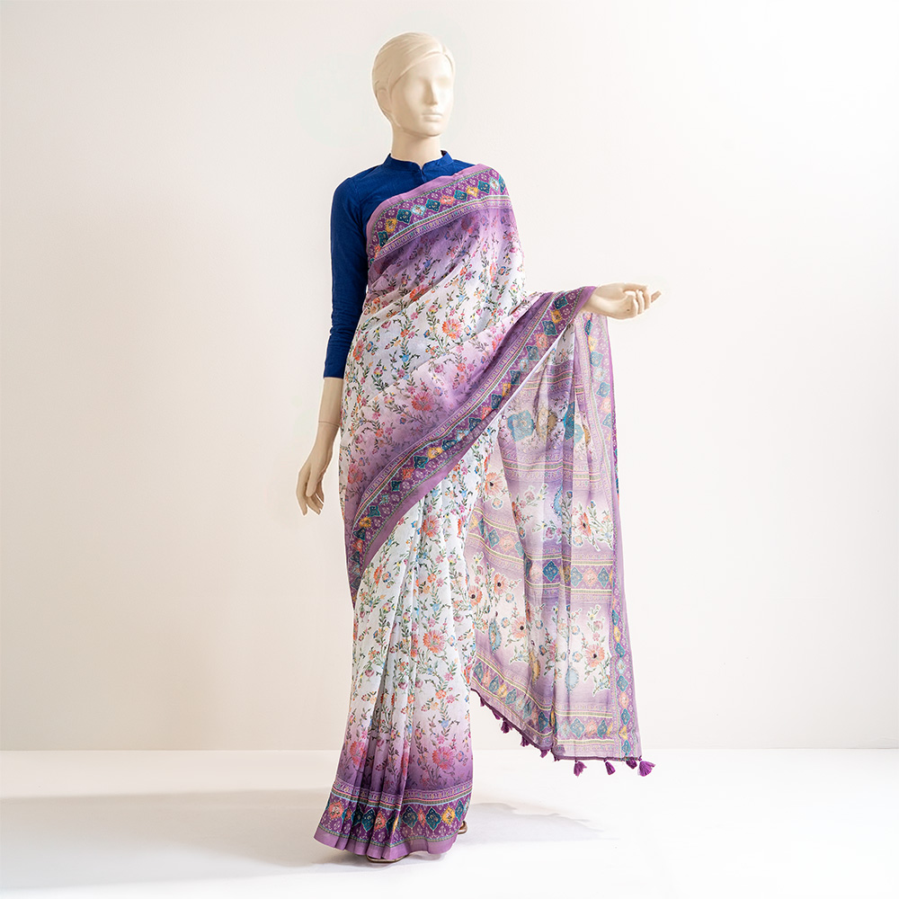 Regal Purple Bloom Half Silk Saree in White Harmony by MUSLIN
