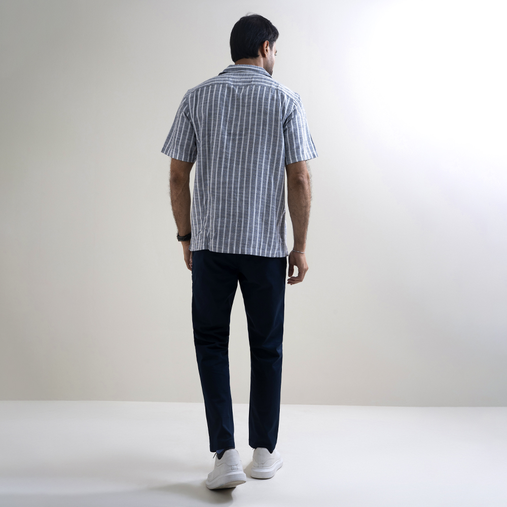 Richman Men's Half Sleeve Off-White Stipe Printed Hawai Shirt