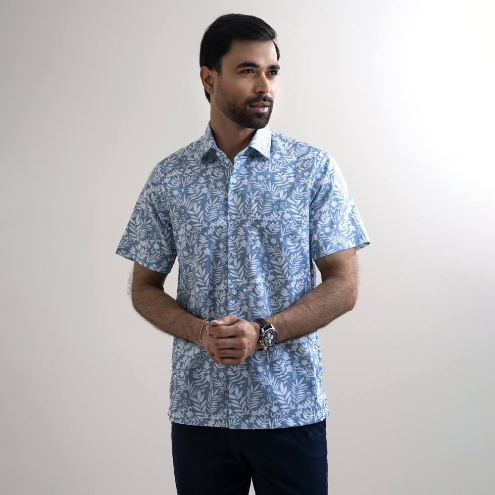 Richman Men’s Half Sleeve Off-White Tropical Printed Hawai Shirt