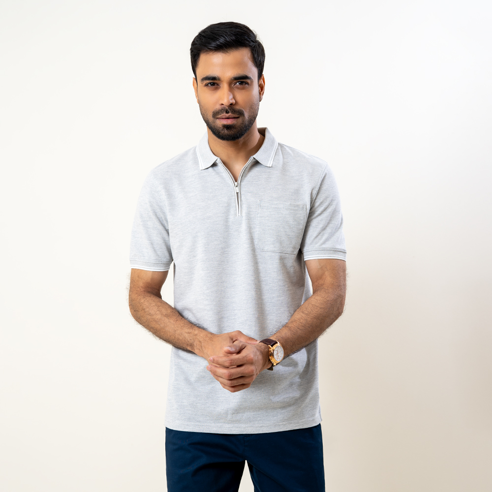 Richman Grey Color Classy Zip-Neck Polo T-shirt