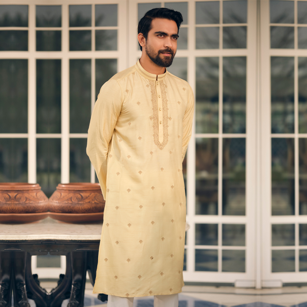 LUBNAN Men’s Golden Color Regular Fit Premium Panjabi with Pajama